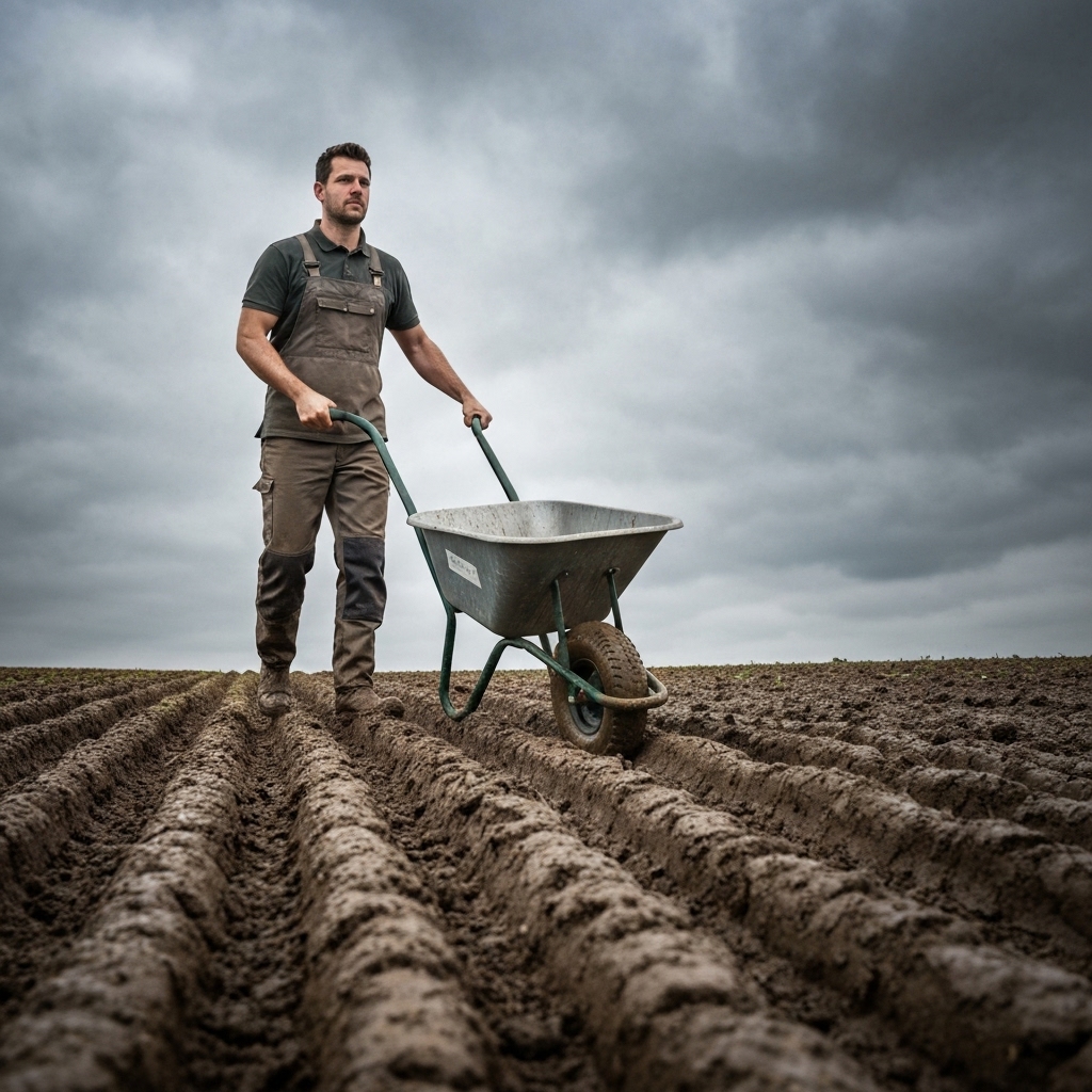 A professional market gardener effortlessly pushing a heavy loaded electric wheelbarrow uphill in a muddy field, photorealistic style