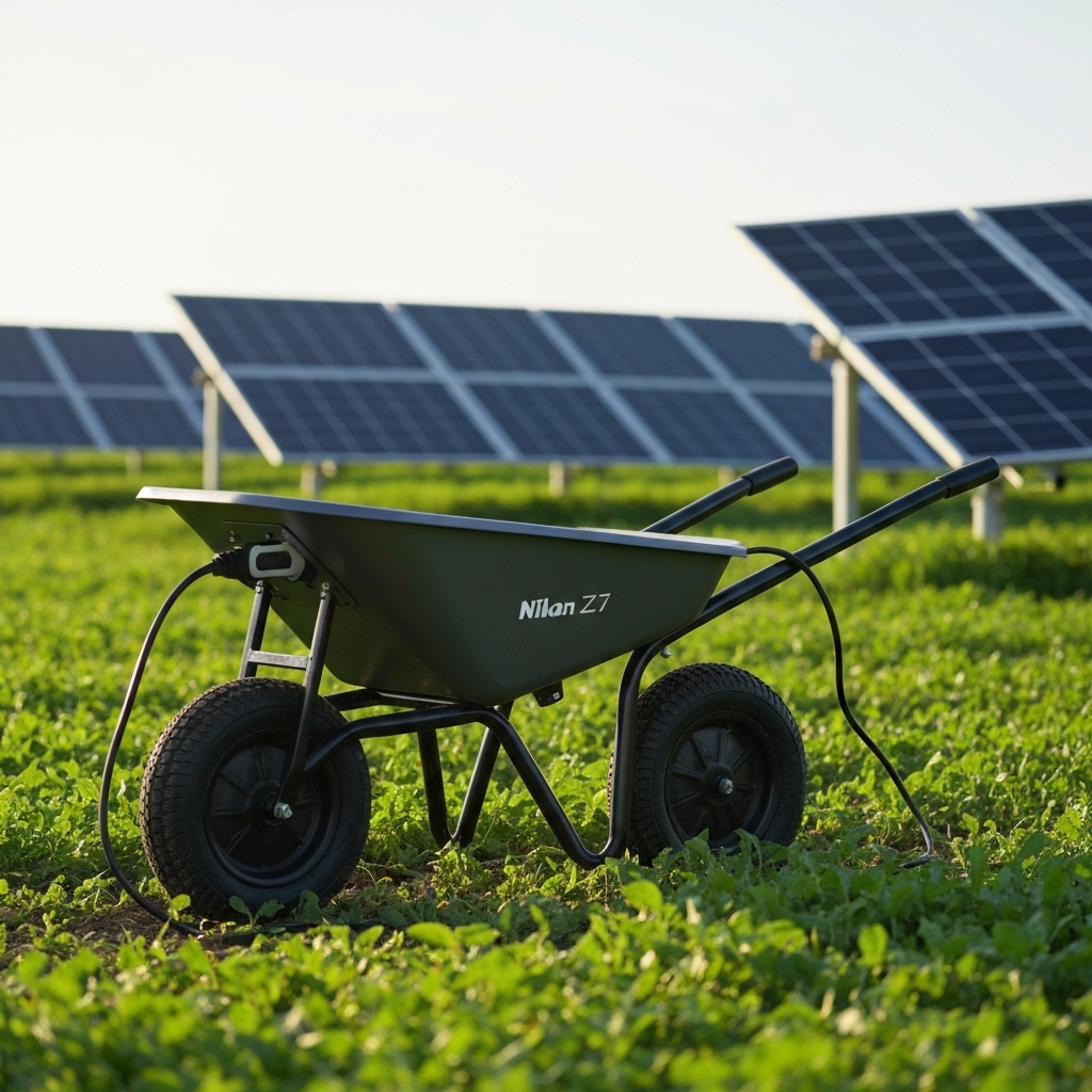 Sustainable farming concept showing an electric wheelbarrow charging with solar panels in background