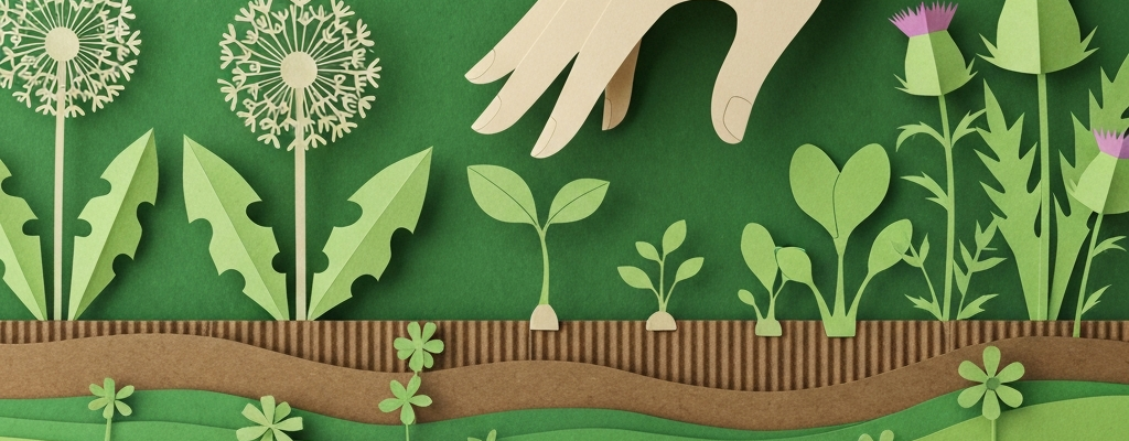 Image papier craft d'une main écrasant une pousse dans un jardin, illustrant les erreurs de désherbage alternatif.