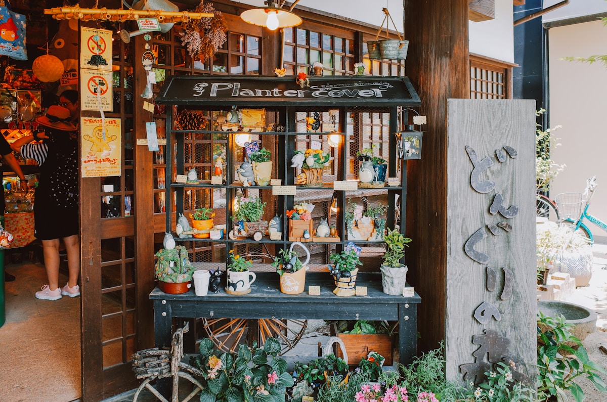Plants and trinkets displayed on shelves outside shop