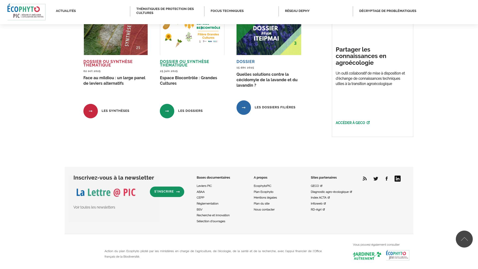 EcoPhytoPIC website homepage screenshot showing agricultural resources and regulations