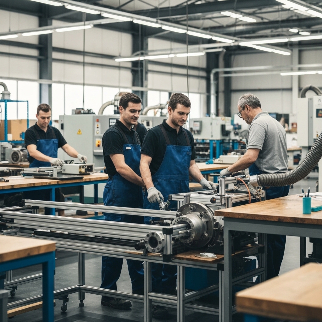 Modern French agricultural equipment manufacturing facility with precision machinery being assembled by skilled workers in protective gear, industrial robotic arms assisting production, clean professional environment with French quality standards visible, focus on high-tech farm equipment components