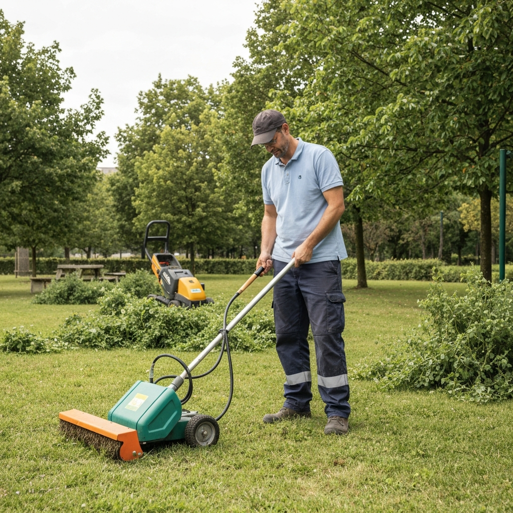 Professional landscaper using alternative weeding equipment in a French municipal park, surrounded by persistent weeds and sustainable machinery, showing the challenges of non-chemical weed control in urban spaces