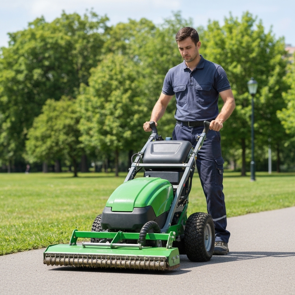 Professional landscape worker using a modern mechanical weeding machine in a public park, sunny day, focus on the equipment efficiency