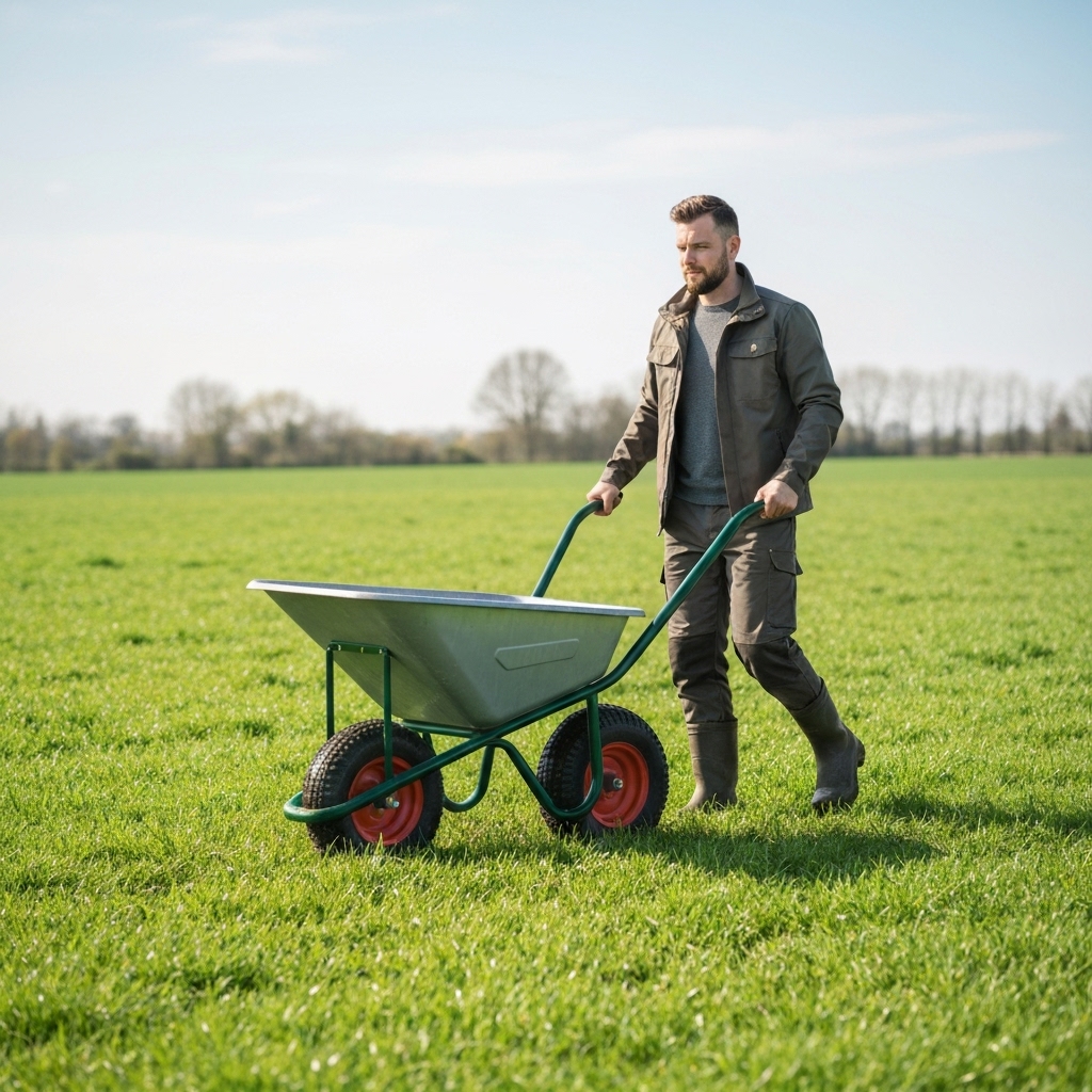 Farmer utilizing an electric wheelbarrow in a green field