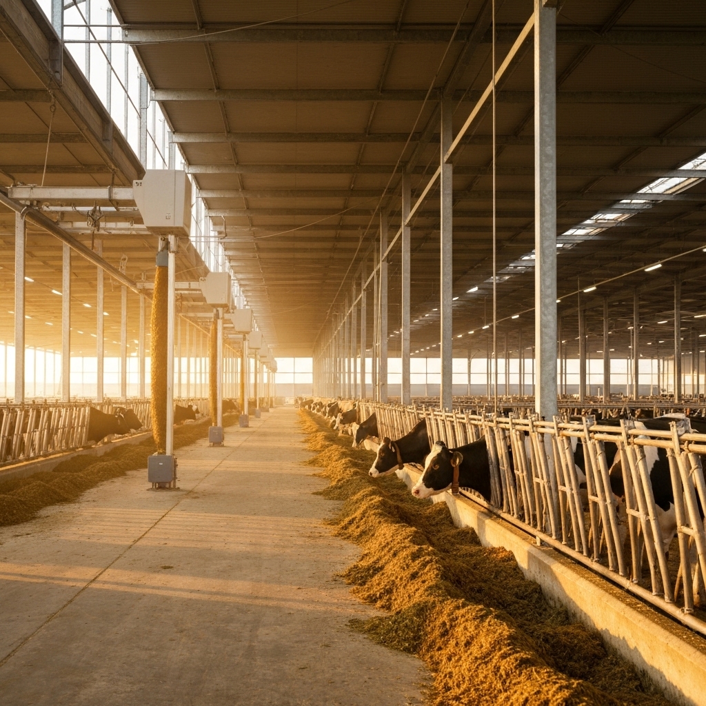 A modern eco-friendly livestock farm showing clean automated equipment and cows in a healthy environment