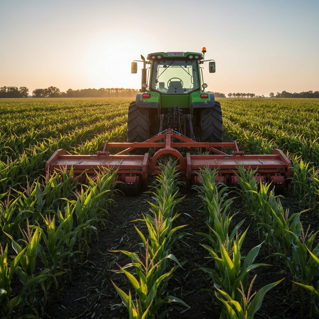 Realistic photo of a tractor pulling a mechanical weeder in a sunny organic apple orchard with lush green grass between rows