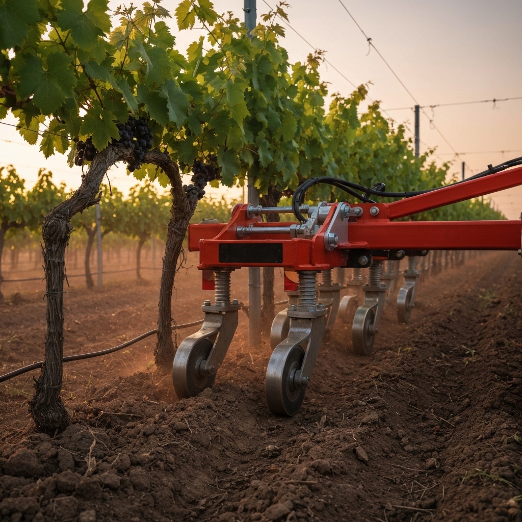 Professional agricultural mechanic weeding machine in a vineyard row during sunset, close up on the tool interacting with soil