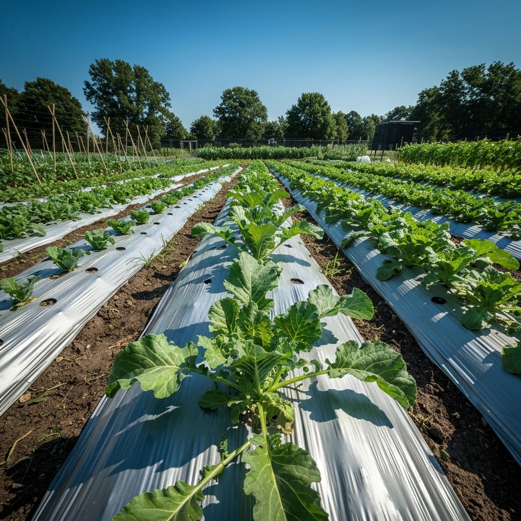 Rows of vegetable crops with black occultation tarps and biodegradable mulch films in an organic market garden