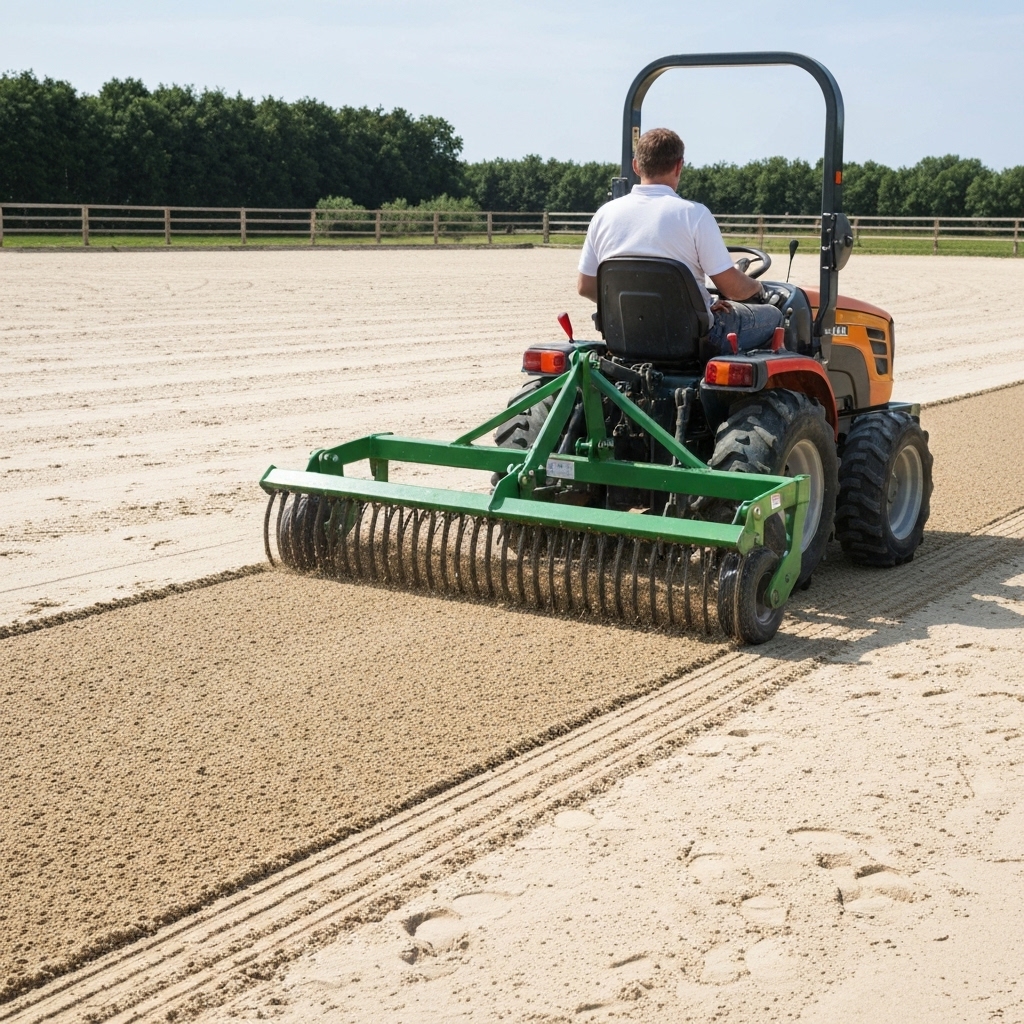 A close-up view of a high-quality equestrian sand surface being worked by a mechanical harrow attached to a compact tractor, showcasing the texture of the soil.