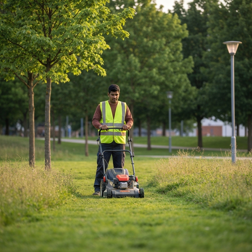 Professional landscaper using eco-friendly electric equipment in a modern public park with wild grass zones