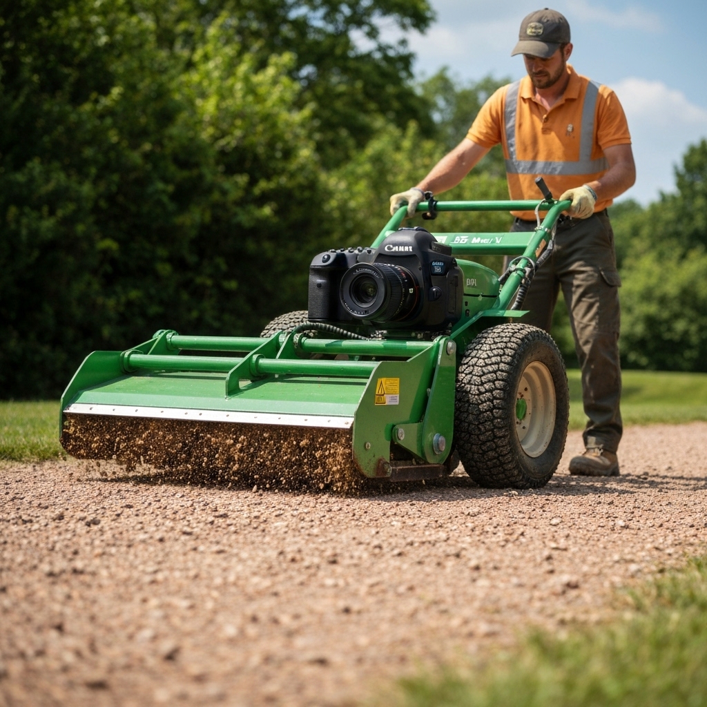 Paysagiste utilisant une machine de désherbage mécanique sur une allée gravillonnée près d