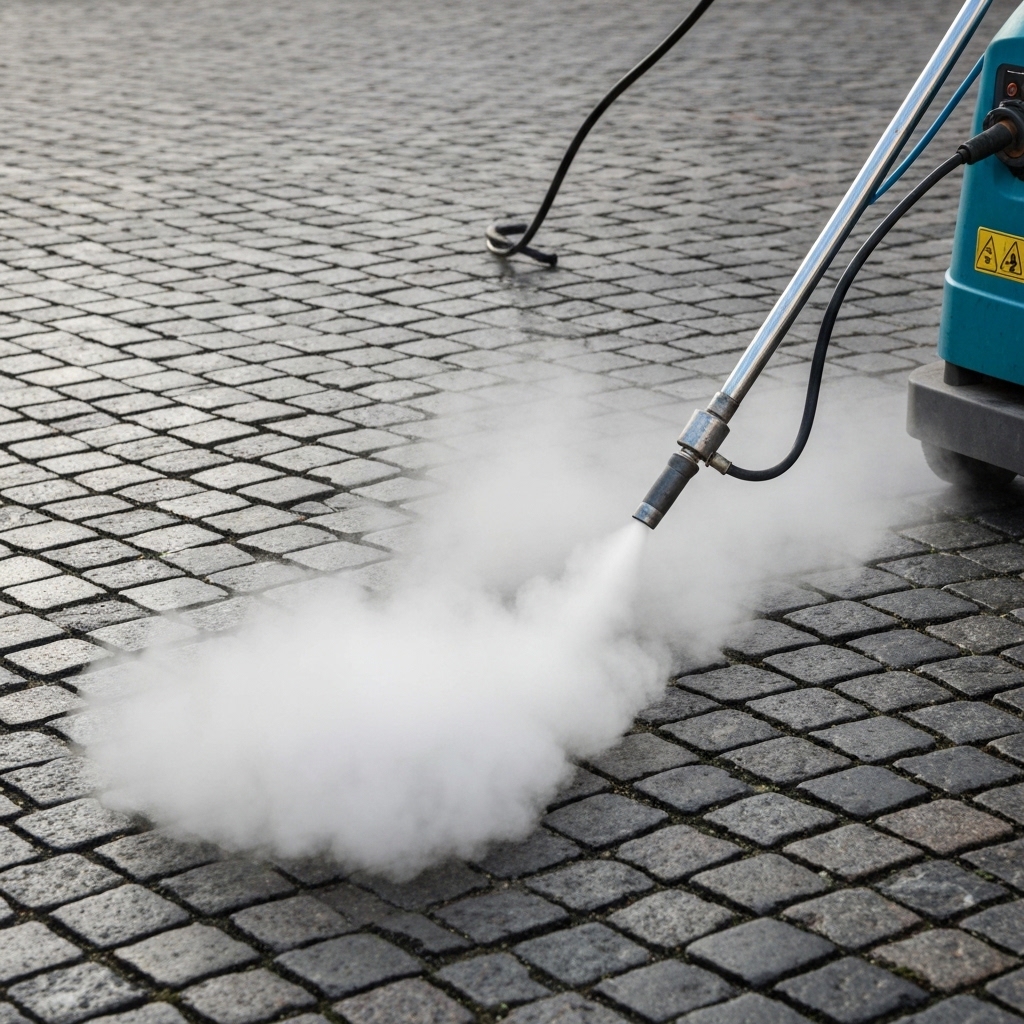 Close-up of a professional steam weeding nozzle treating weeds between cobblestones, steam visible, high detail, realistic photography style