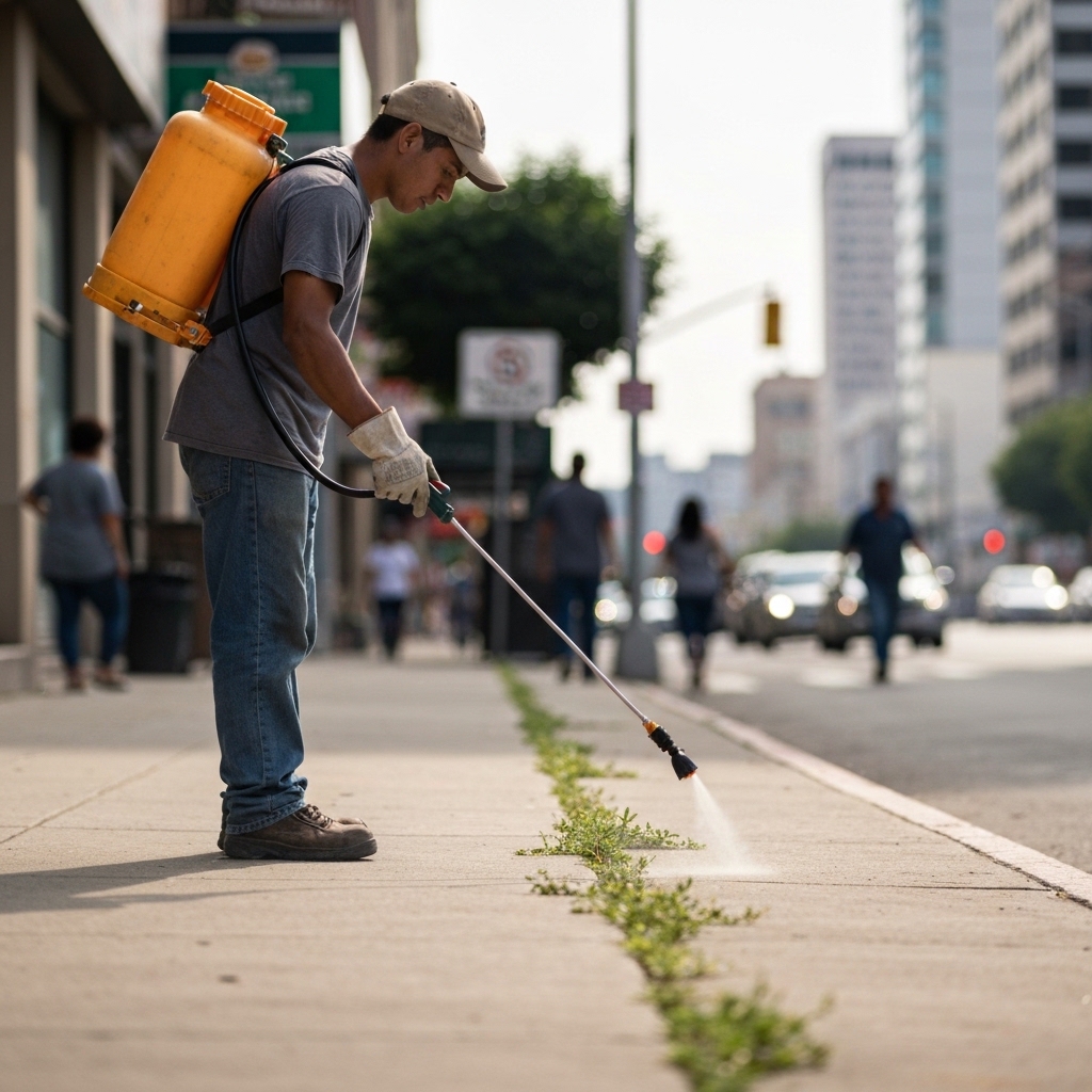 Ouvrier paysagiste utilisant un désherbeur thermique infrarouge sur un trottoir en enrobé, équipement de sécurité complet, lumière du matin