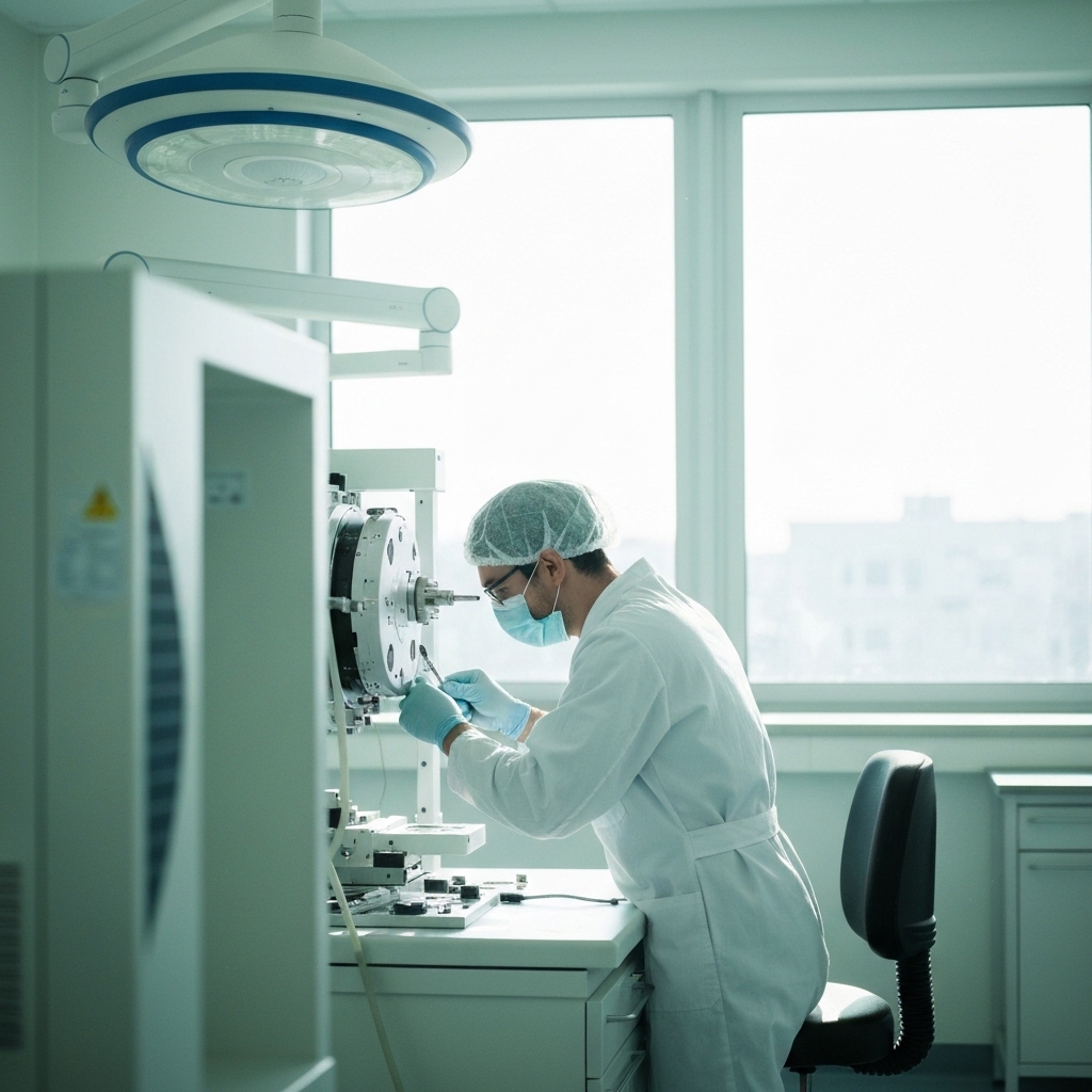Worker performing maintenance on a red agricultural machine in a workshop