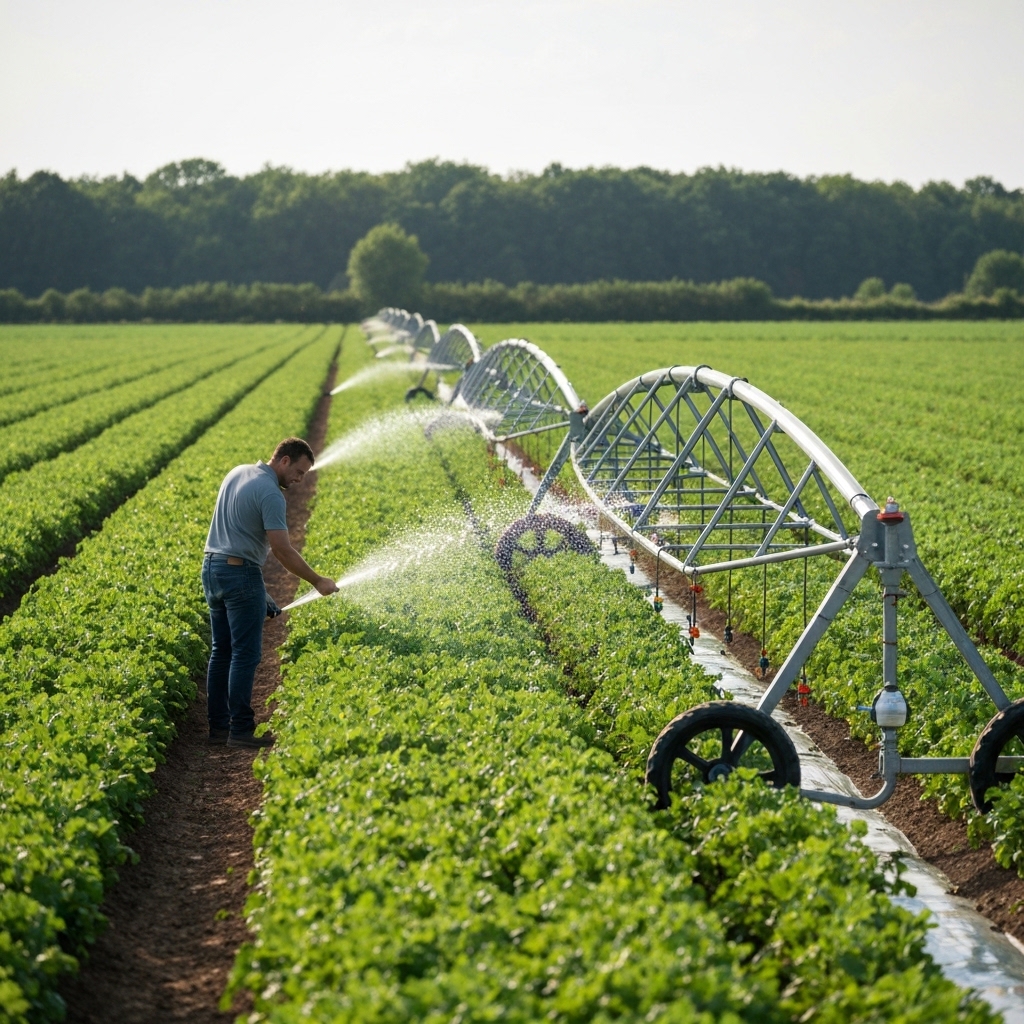 A modern, sustainable farm field in France with a farmer inspecting crops next to a mechanical weeder, sunny day, high detail