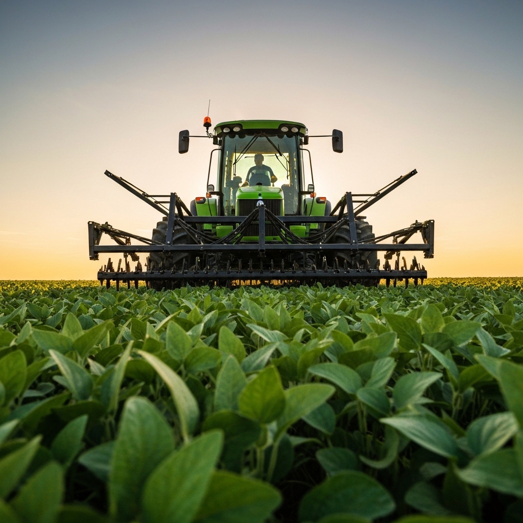Close up view of a sophisticated mechanical weeding tool working on a soybean field with sunset lighting