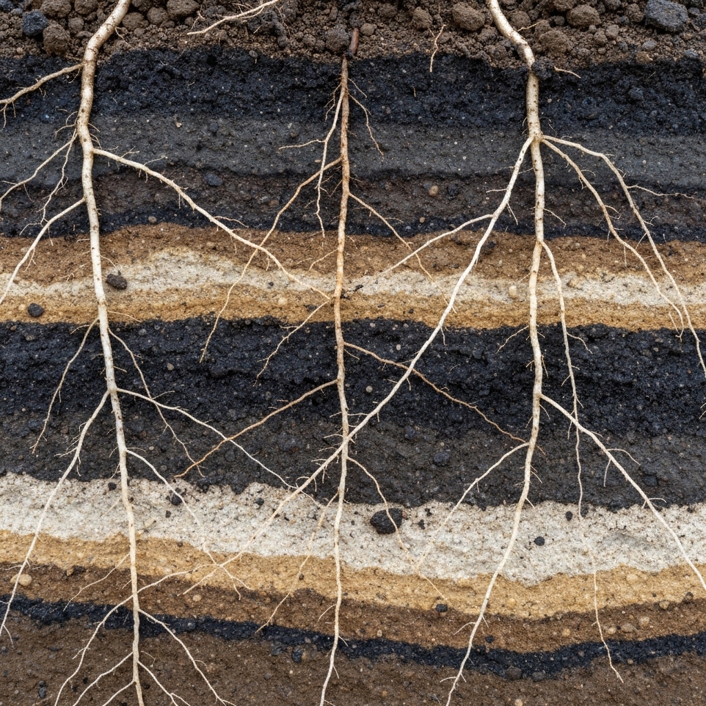 Close up diagram or visual representation comparing weed roots depth versus crop roots