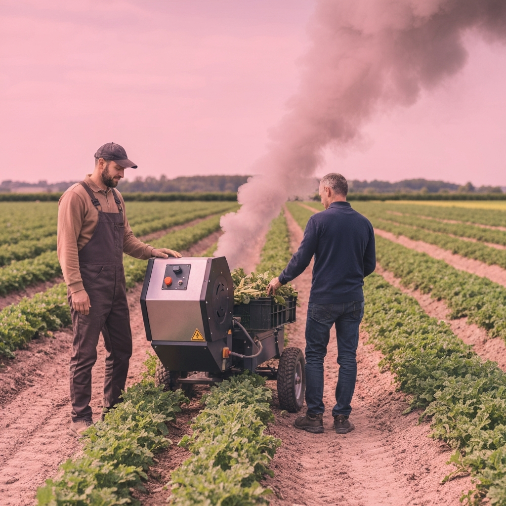Professional agricultural worker using modern eco-friendly weeding equipment in a vegetable field, thermal weeding machine visible, practical work setting with green rows of crops, realistic professional agriculture scene