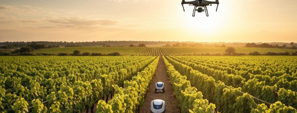 Vignoble moderne avec robots et drone, illustrant un fournisseur de matériel viticole innovant pour la viticulture de 2026.