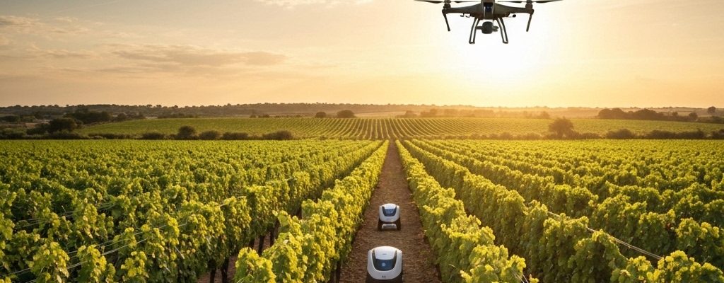 Vignoble moderne avec robots et drone, illustrant un fournisseur de matériel viticole innovant pour la viticulture de 2026.