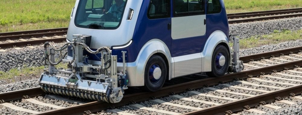 Machine autonome effectuant le désherbage voie ferrée sans produit chimique sur une voie moderne.