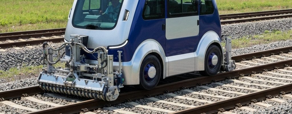 Machine autonome effectuant le désherbage voie ferrée sans produit chimique sur une voie moderne.