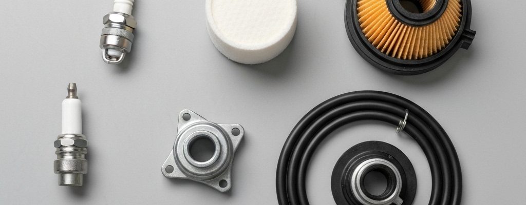 New thermal weed trimmer spare parts (pièces détachées désherbeuse thermique) neatly arranged for maintenance.