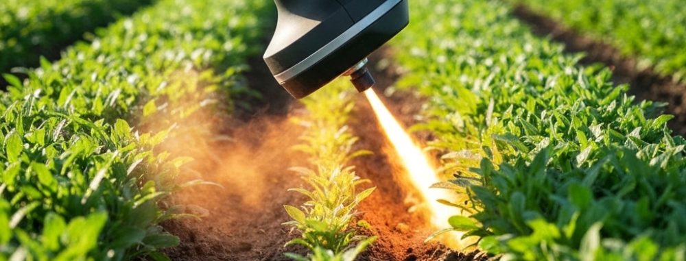 Dispositif moderne de désherbage à air chaud éliminant les mauvaises herbes dans un champ. Technologie agricole durable.