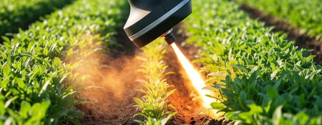 Dispositif moderne de désherbage à air chaud éliminant les mauvaises herbes dans un champ. Technologie agricole durable.