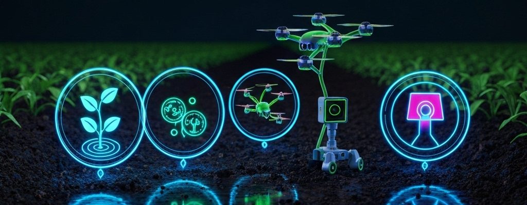 Meilleur désherbage alternatif Hauts-de-France 2026: robots futuristes et outils néon pour agriculture innovante.