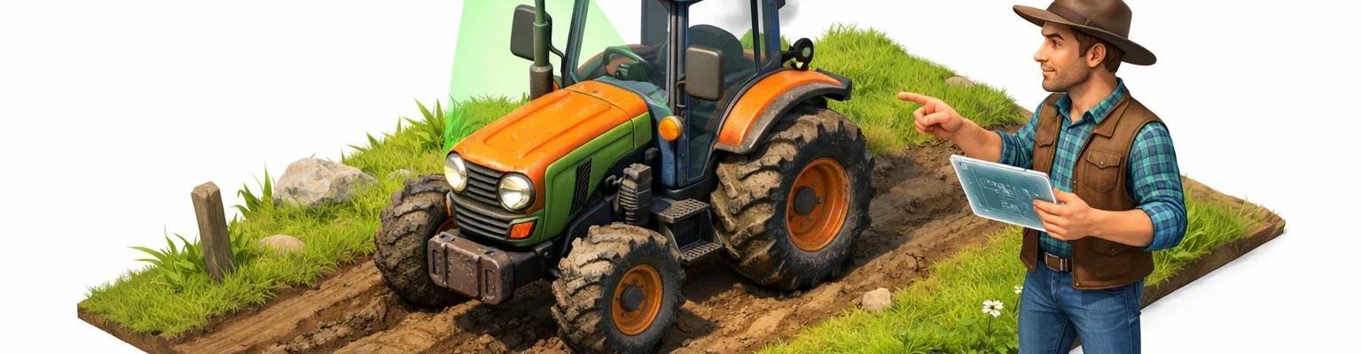 Image isométrique d'un tracteur agricole d'occasion, scanné par un drone. Un agriculteur moderne évalue son état.