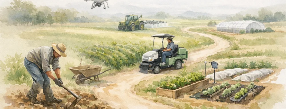 Aquarelle douce illustrant des solutions innovantes pour réduire la pénibilité du travail agricole en 2026 et améliorer le bi