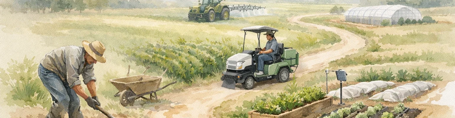 Aquarelle douce illustrant des solutions innovantes pour réduire la pénibilité du travail agricole en 2026 et améliorer le bi