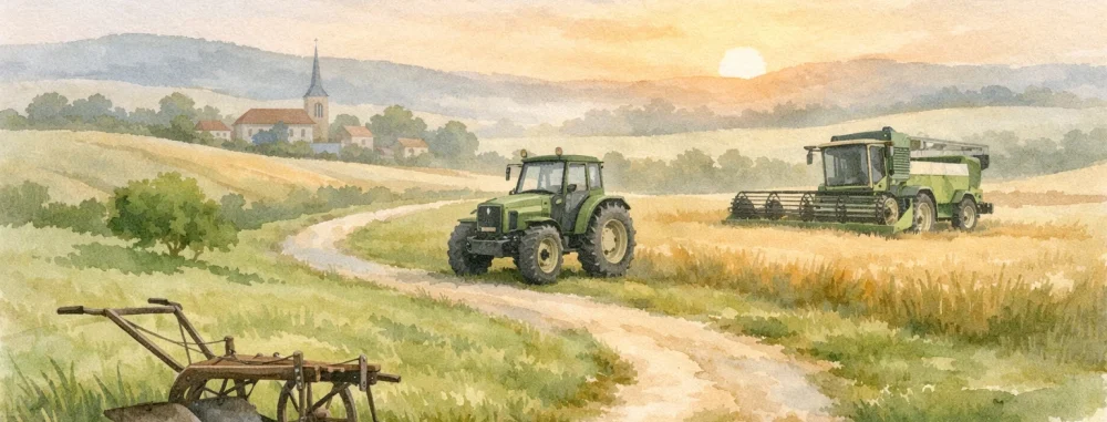 Illustration aquarelle d'un chemin montrant la progression de matériel agricole moderne en Lorraine pour Le Bon Coin.