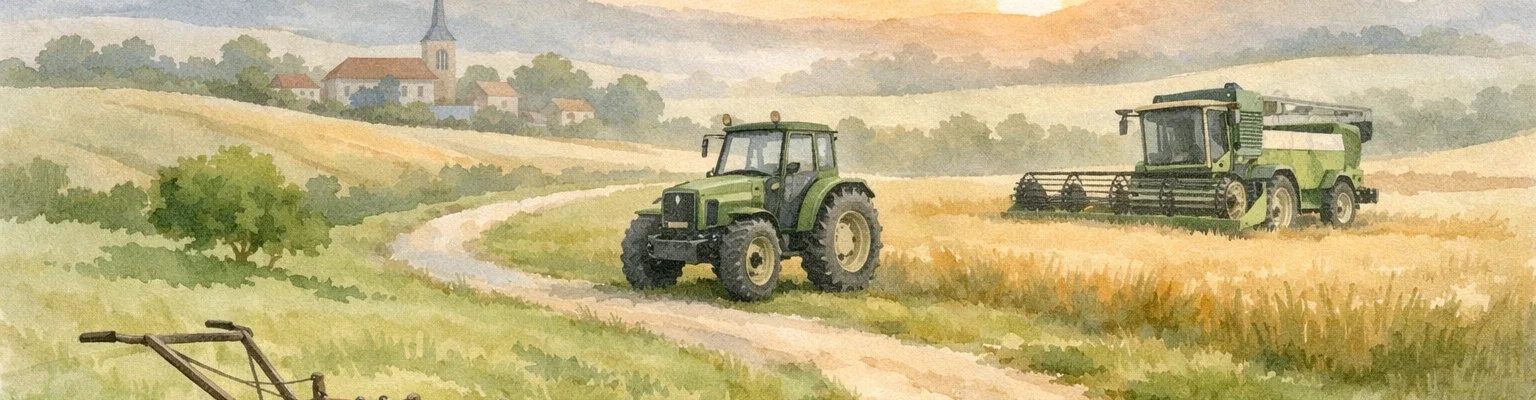 Illustration aquarelle d'un chemin montrant la progression de matériel agricole moderne en Lorraine pour Le Bon Coin.