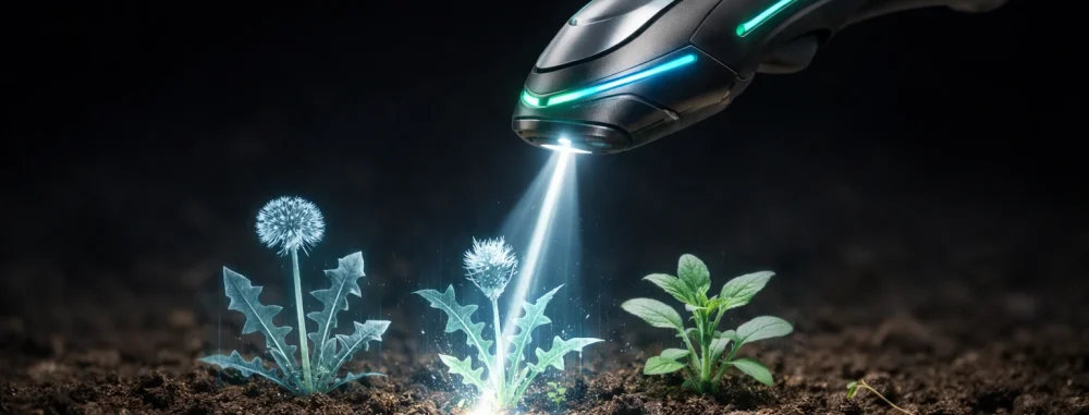 Outil futuriste néon pour désherber sans produit chimique, ciblant les mauvaises herbes avec précision et innovation.