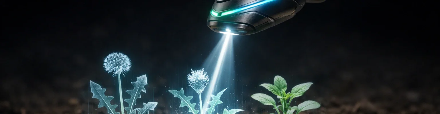 Outil futuriste néon pour désherber sans produit chimique, ciblant les mauvaises herbes avec précision et innovation.