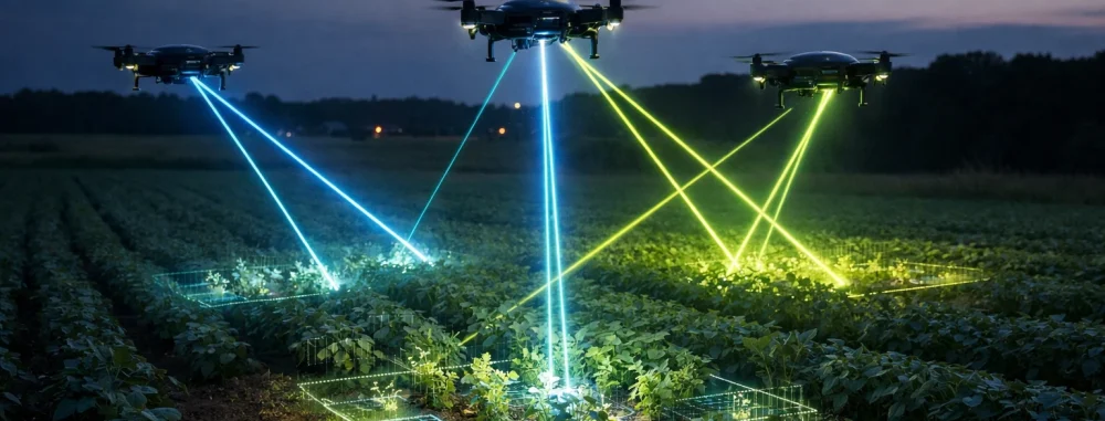 Solutions 2026: drones néon autonomes pour expertise désherbage alternatif dans un champ futuriste.