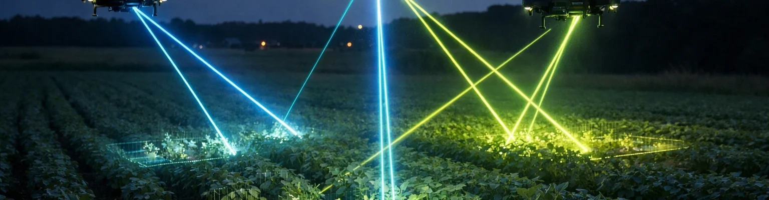 Solutions 2026: drones néon autonomes pour expertise désherbage alternatif dans un champ futuriste.