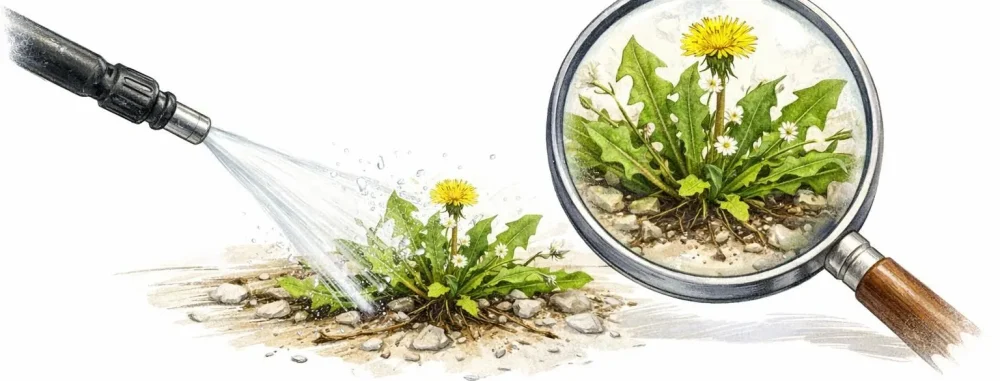 Dessin crayon d'une lance de désherbage haute pression examinée à la loupe avec des herbes. Avis et guide expert.