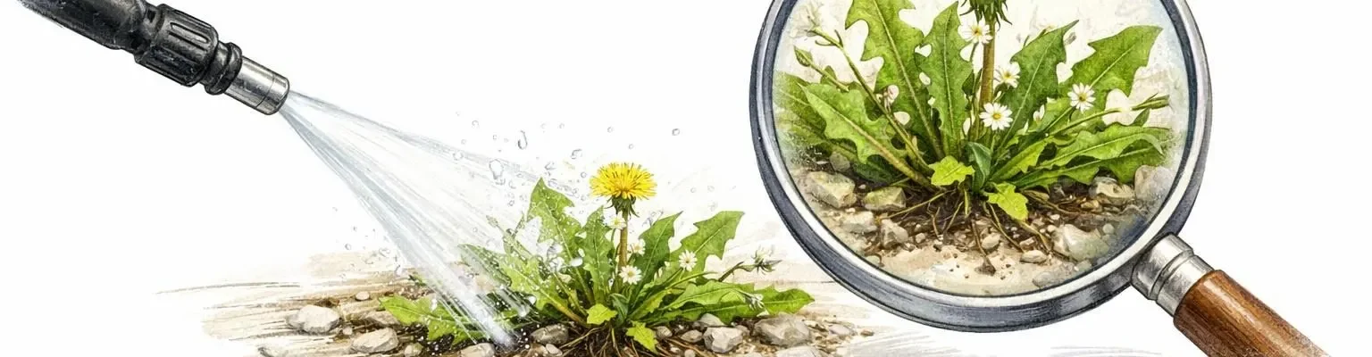 Dessin crayon d'une lance de désherbage haute pression examinée à la loupe avec des herbes. Avis et guide expert.