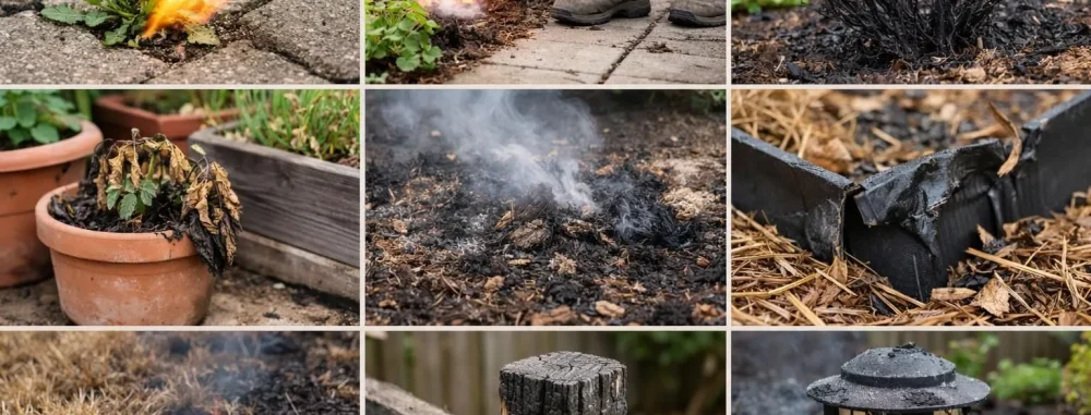 Collage de photos authentiques montrant un désherbage à la flamme, ses dangers et ce qu'il faut savoir en 2026.