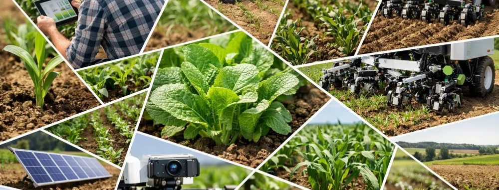 Investissement désherbage alternatif 2026 : collage d'un robot, agriculteur avec tablette, cultures saines.