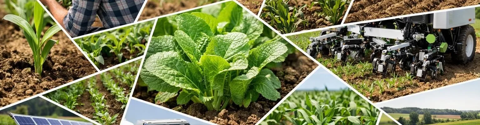 Investissement désherbage alternatif 2026 : collage d'un robot, agriculteur avec tablette, cultures saines.