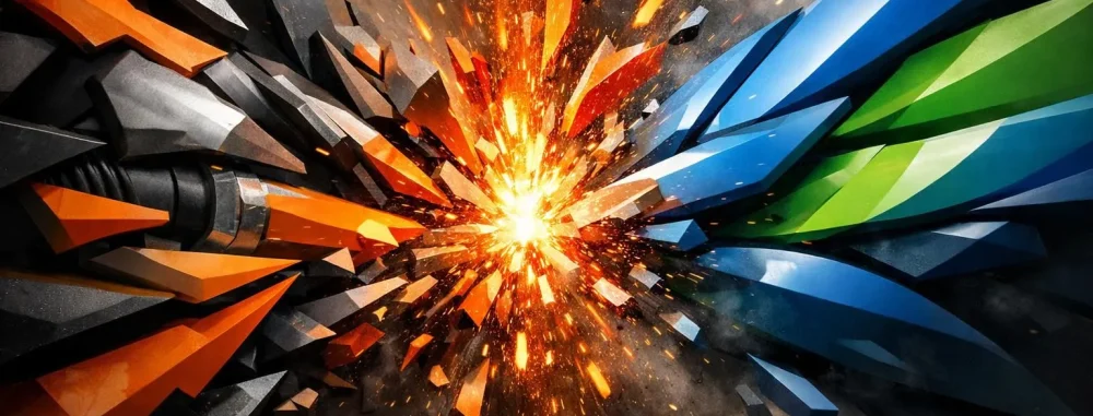 Comparaison désherbeuse thermique Stihl vs Weedmaster: formes géométriques dynamiques et abstraites illustrant leur puissance