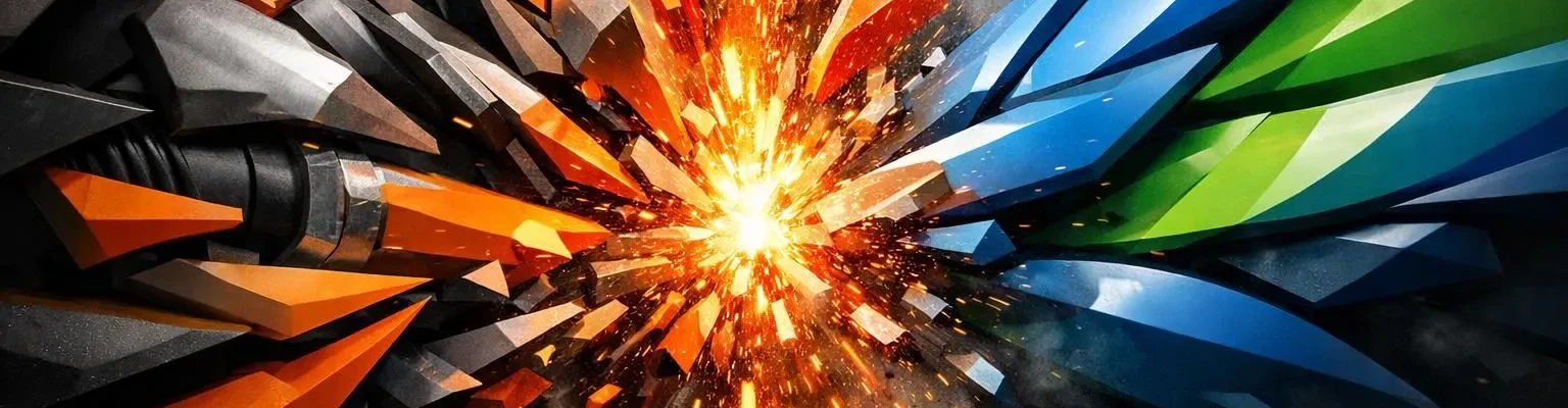 Comparaison désherbeuse thermique Stihl vs Weedmaster: formes géométriques dynamiques et abstraites illustrant leur puissance