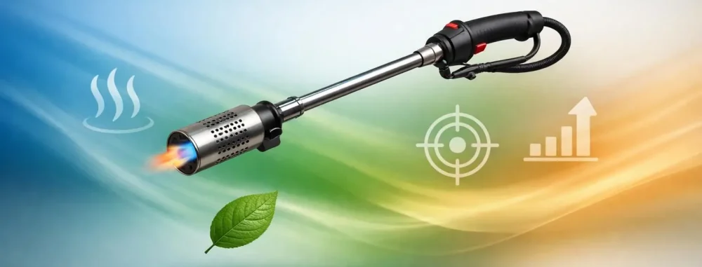 Outil de désherbage thermique professionnel moderne, flottant avec des icônes tech sur fond dégradé. Alternative écologique.
