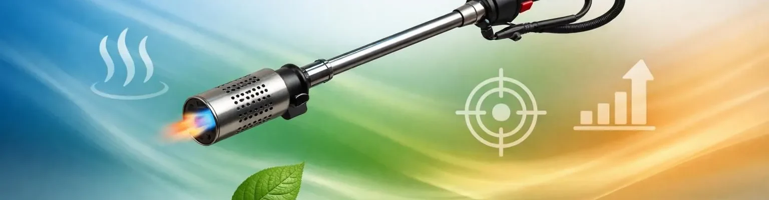 Outil de désherbage thermique professionnel moderne, flottant avec des icônes tech sur fond dégradé. Alternative écologique.