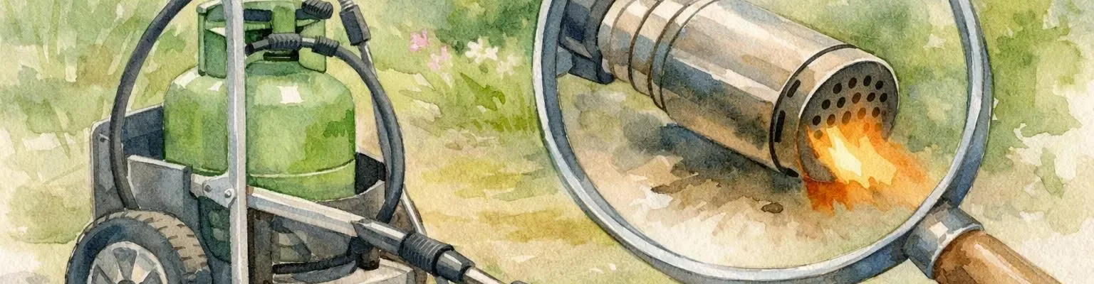 Illustration aquarelle douce d'une désherbeuse thermique STAS BRULSTAR sous une loupe, symbolisant un test complet et évaluat